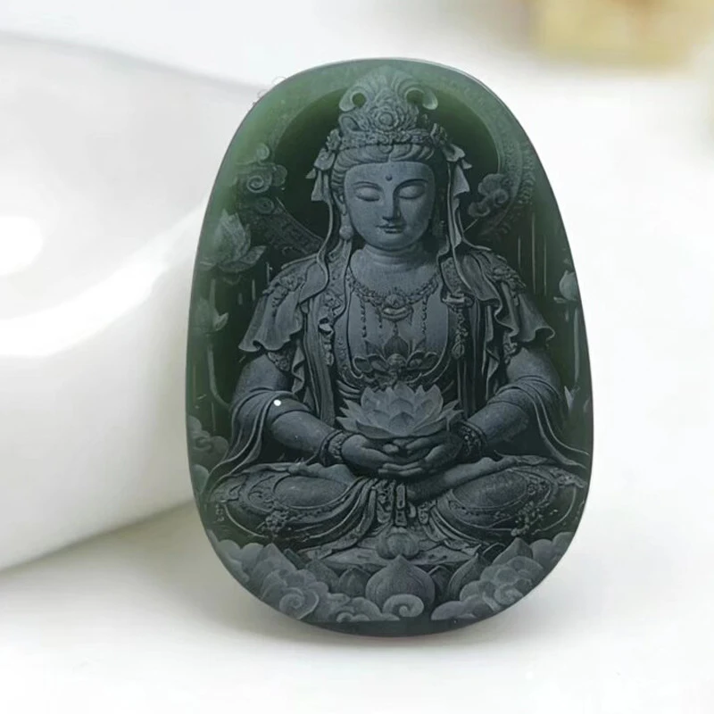 Qinghai and Hotan green Guanyin Bodhisattva pendant with laser relief landscape design, double-sided jade or