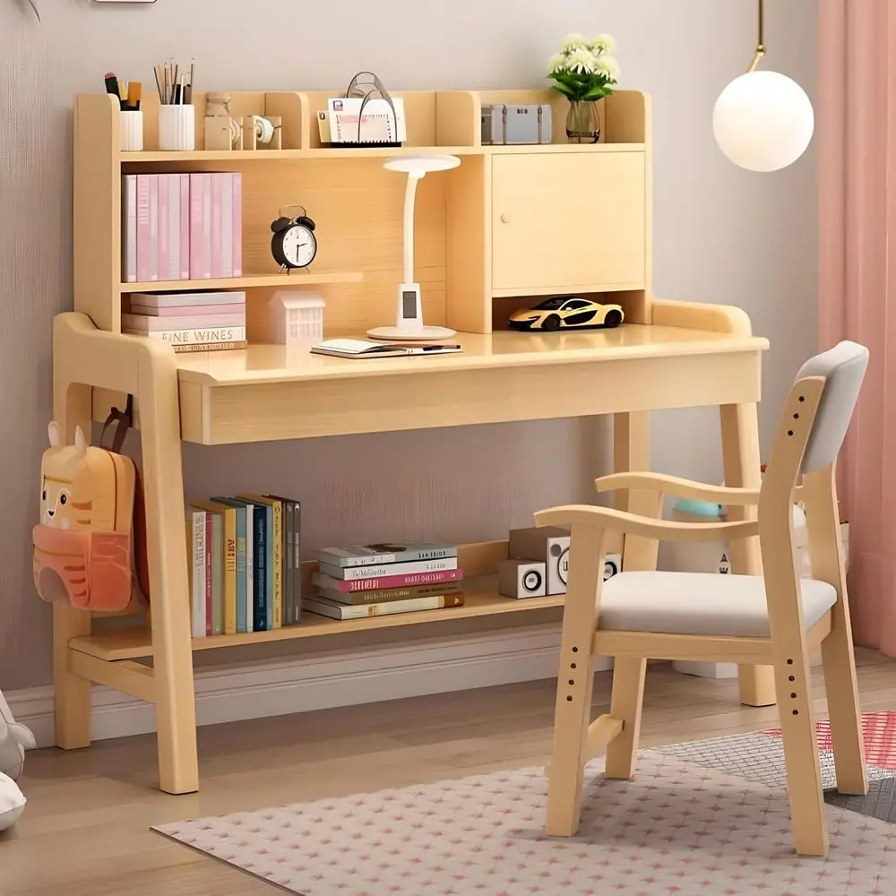 

Adjustable Height Solid Wooden Desk and Chair Set with Shelves, Pink Bedroom Furniture for Students, Natural Wood Office Compute