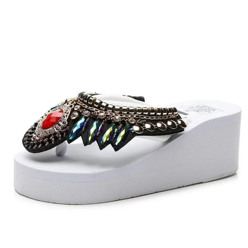 YAERNI Platform Slippers Flip-Flops Women Wedge Rhinestone Beach Super High Heel 11CM Slippers For Women Bohemian ShoesPlus Size