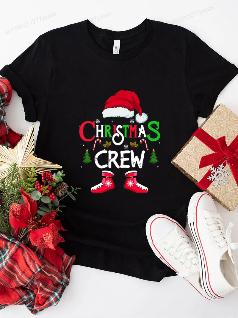 Weihnachts-Crew-Grafik-T-Shirts für Damen und Herren, T-Shirts mit Weihnachtsmann-Mützen-Print, kurzärmelige Oberteile für Weihnachten, passende Familien-Outfits für Partys, Geschenke – Detail 6