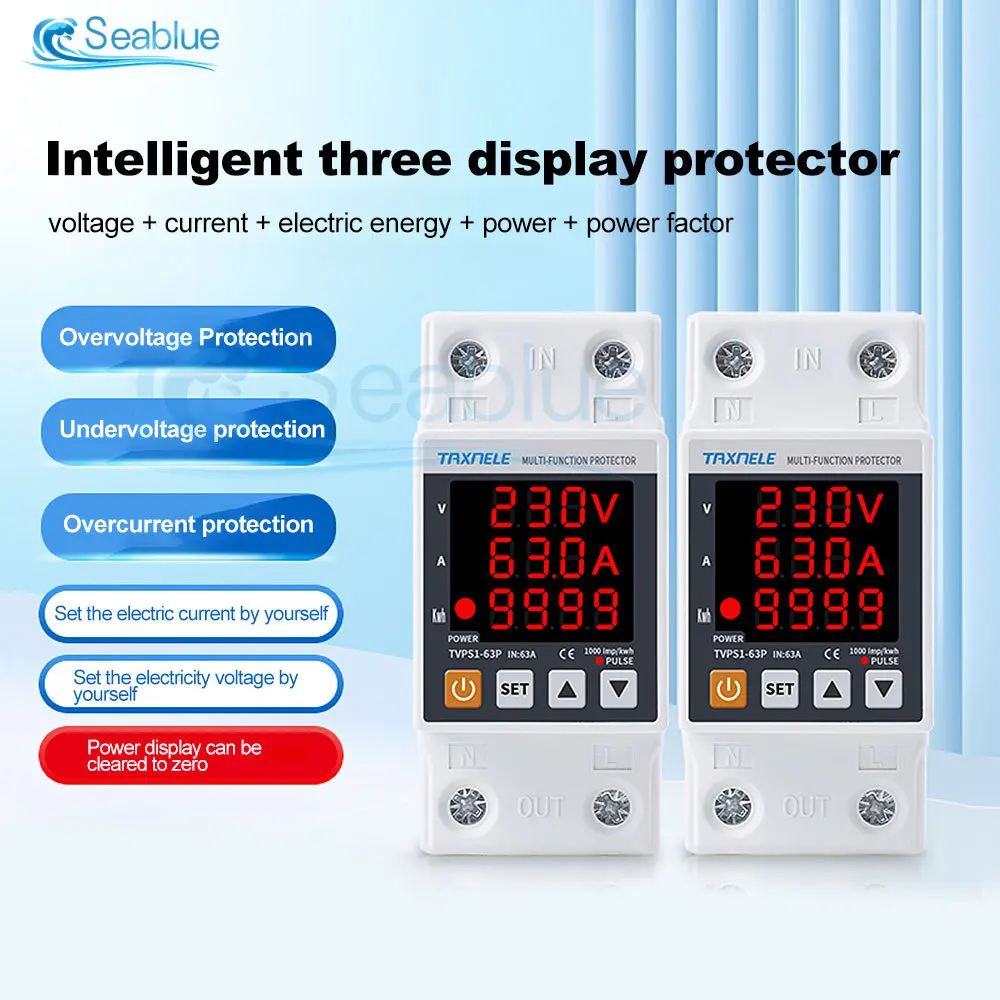 63A AC 220V 3 in 1 Display Din Rail Adjustable Over Under Voltage Surge Protector Relay Over Current Protect Power Watt Meter