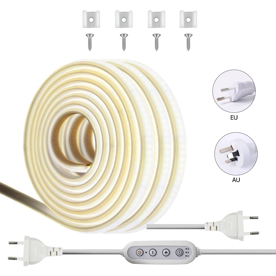 

AU EU Plug 220V COB Neon Light Dimmer/No Switch Waterproof 1-25m Led Strip Tape 288Leds/m Led Lighting For Home Kitchen