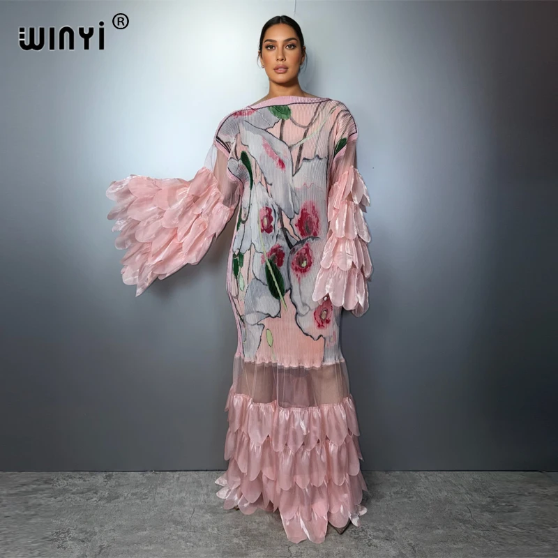 

WINYI Pleated Elastic Slim Dress Beach Cover up Kaftan Abaya for Muslim Women Dubai Luxury Party Fashion Evening Gown