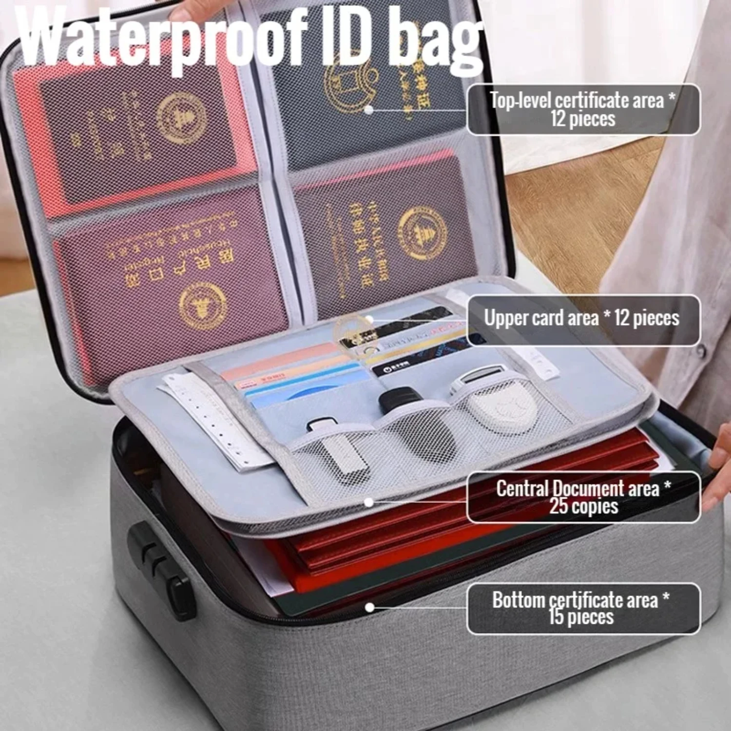 Lockable Large Capacity Waterproof Document Organiser with 3 Layers for ID and Travel, Portable Document Safe Holder