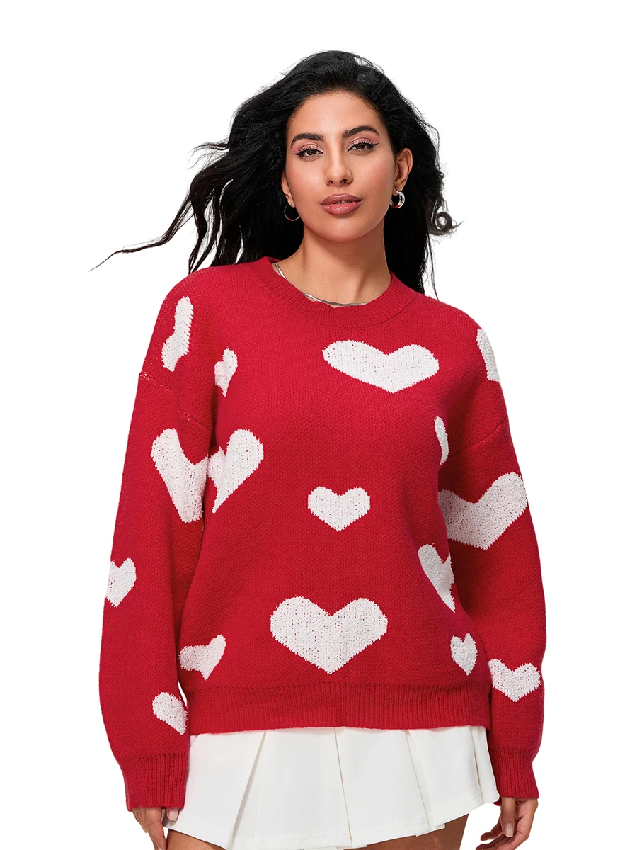 Maglioni da donna con motivo a cuore sfocato, maniche lunghe, girocollo, pullover ampio, top autunno inverno