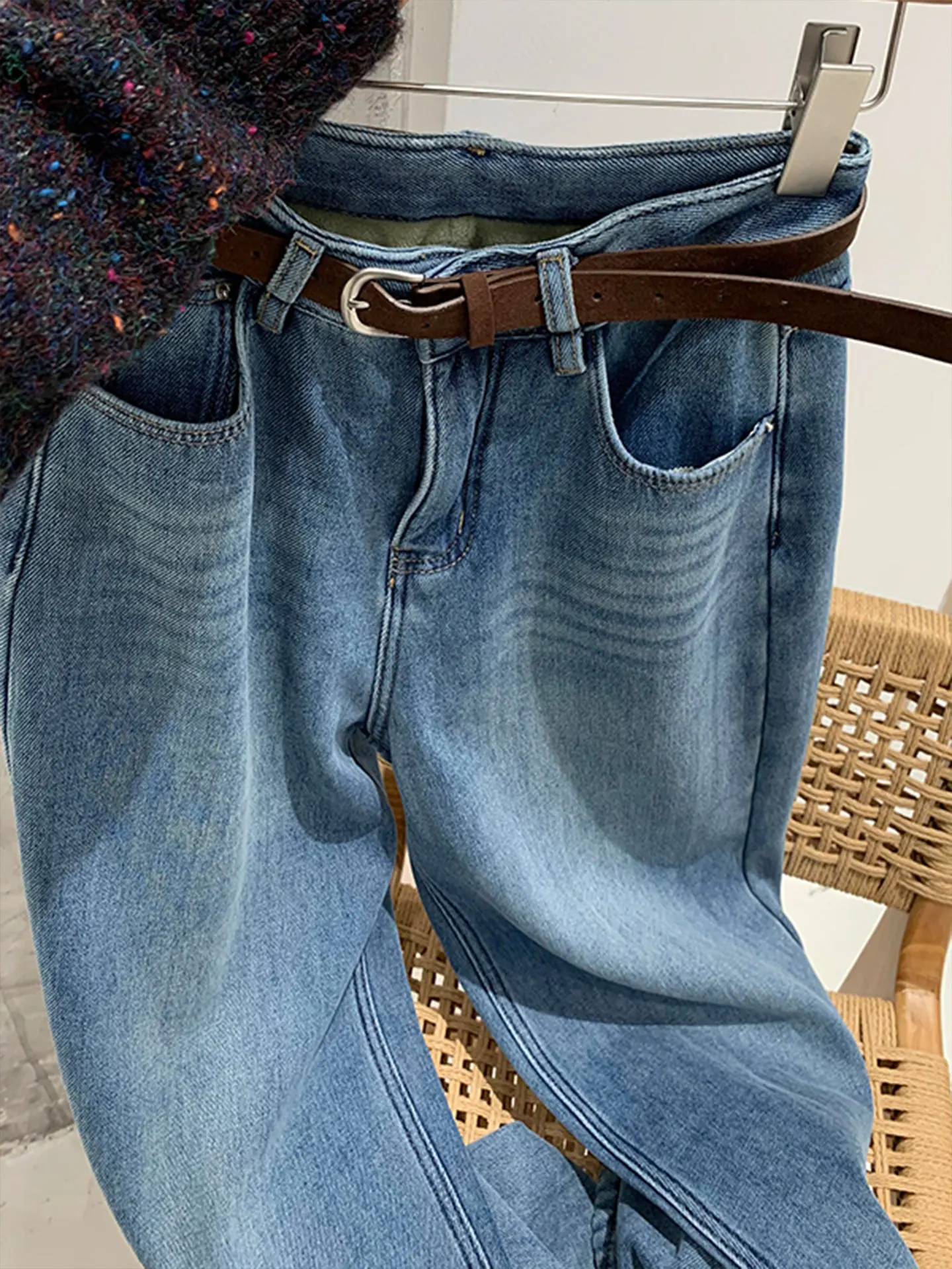 

High Waist Straight Leg Fleece Lined Denim Jeans Women's Winter New Style Vintage Commute Blue Cotton Blend Casual Trousers