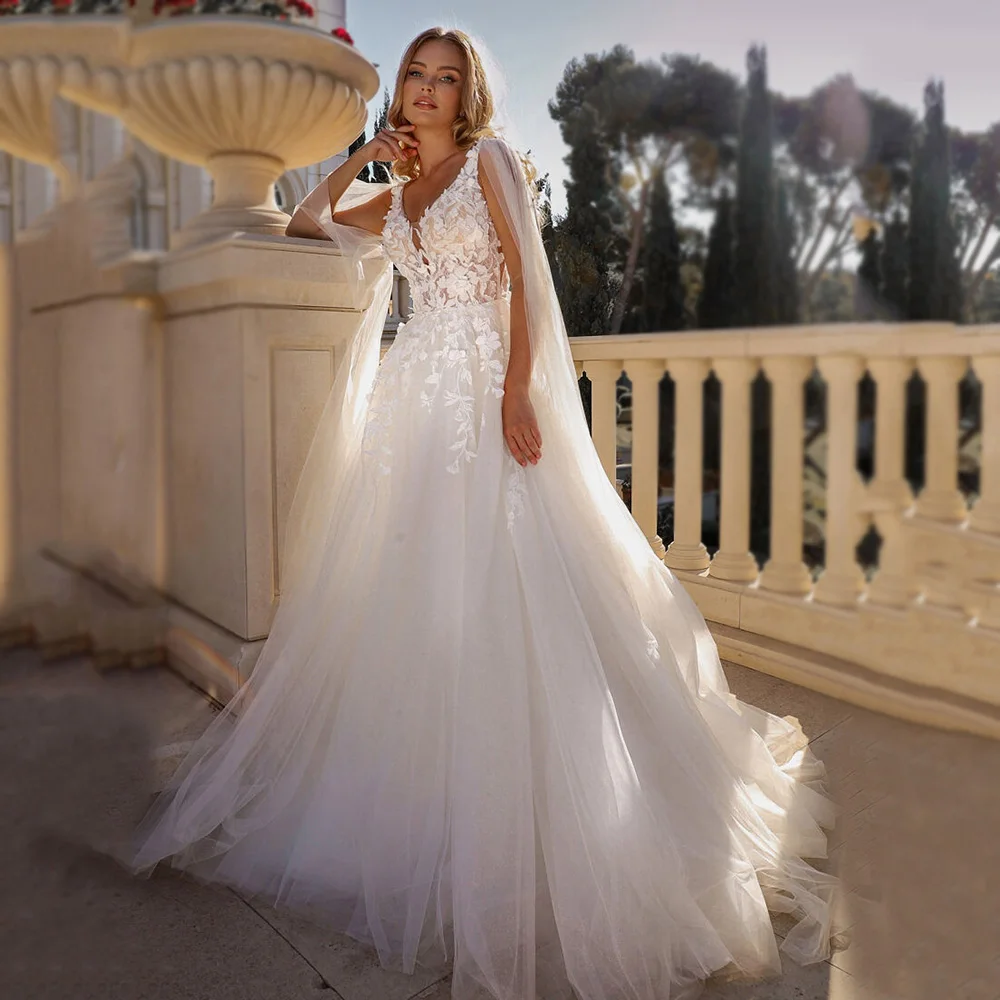 Luksusowe suknie ślubne szyte na miarę z dekoltem w serek, z peleryną, koronkowymi aplikacjami, księżniczka, suknia ślubna bez pleców, linia A, suknie dla panny młodej