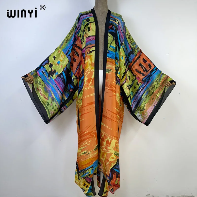 WINYI new summer Women Graffiti printing Cardigan a maniche lunghe femminile allentato beach Cover Up boho dress Streetwear holiday kimono