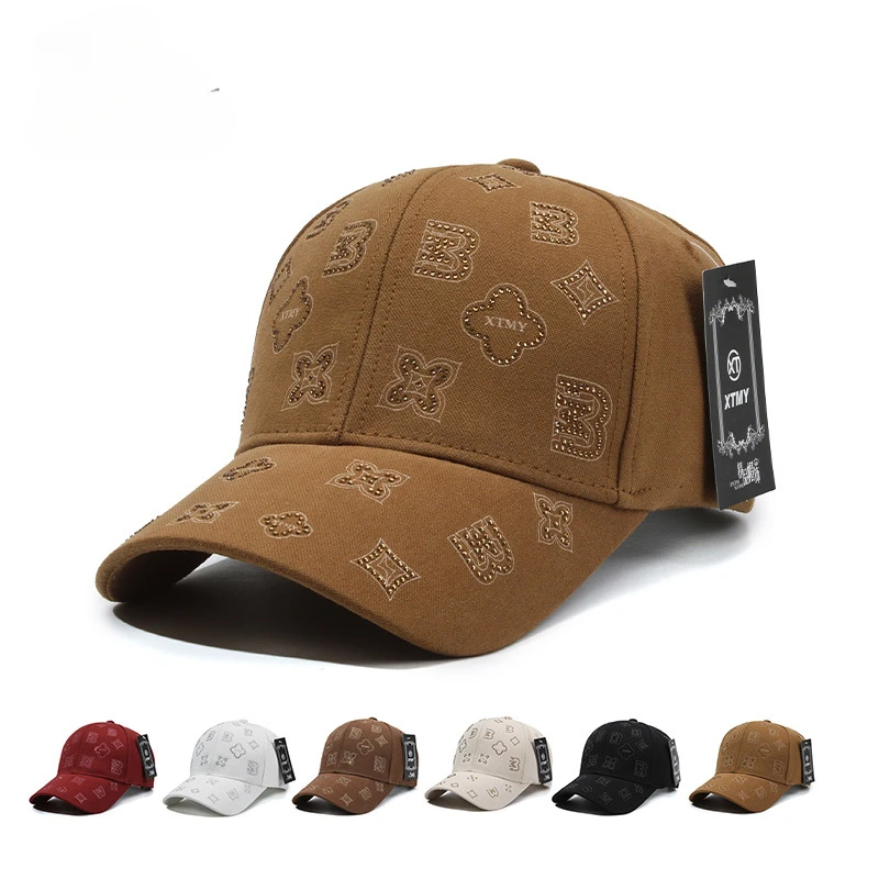 

Versatile Baseball Cap Shade Sunscreen Cap Big Eaves Hot Diamond Printed Bent Eaves Korean Version Retro Men's and Women's Cap