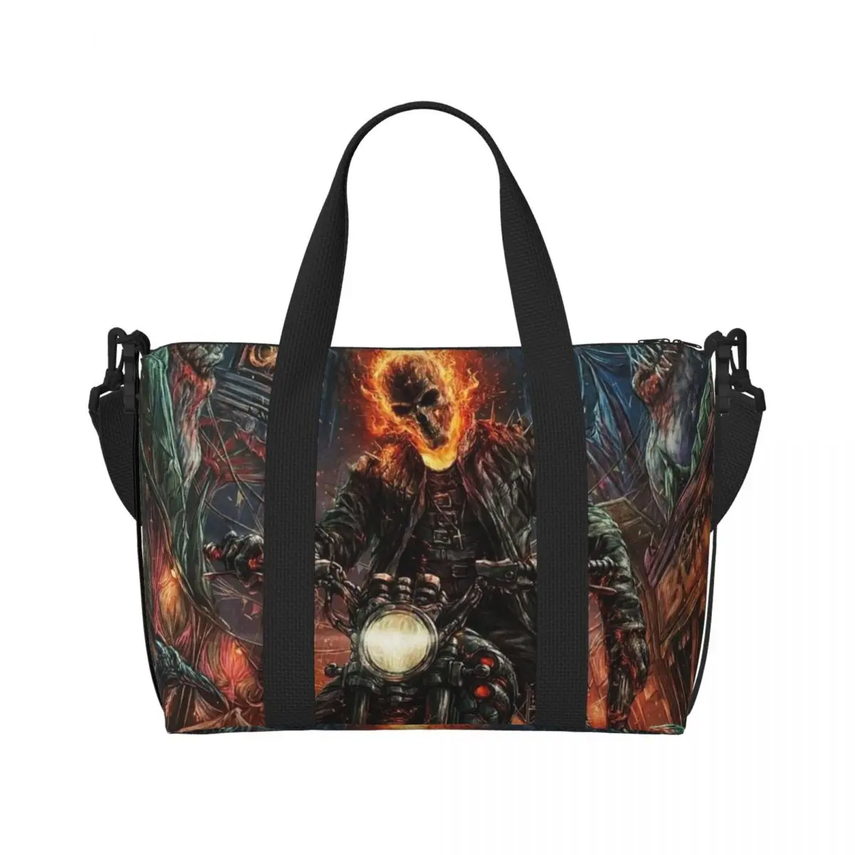 

Custom Ghost Rider Anime Beach Tote Bag for Women Extra Large Gym Carry On Travel Shopping Bags