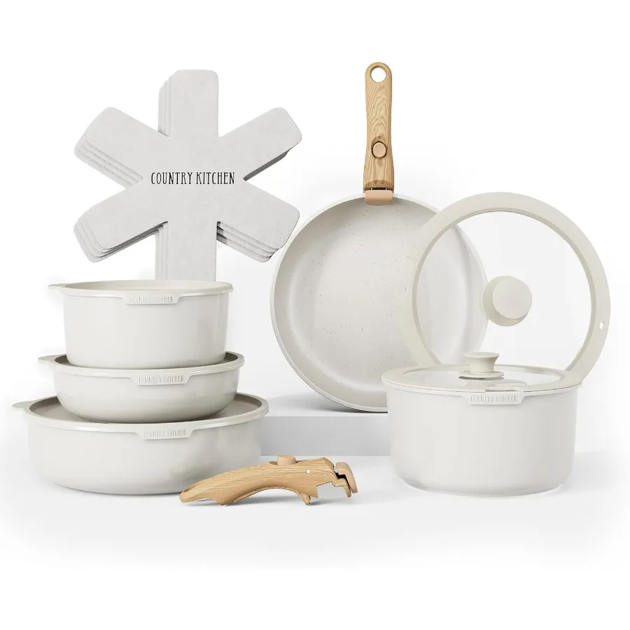 

Набор посуды со съемной ручкой. Набор безопасных кастрюль и сковородок для духовки. Кремовая золотая кастрюля с деревянной ручкой для дома, кухни, кемпинга и O.