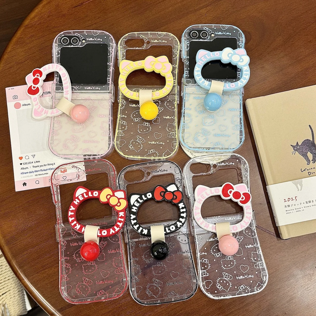 Outline Print For Hello Kitty Foldable Phone Case For Samsung Galaxy Z Flip7 6 5 4 3 Shockproof Protective Cover With Ring Stand