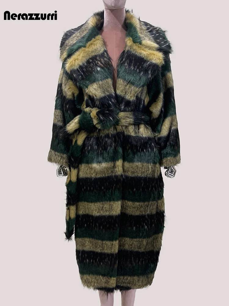 Nerazzurri Jesień Zima Długi Ciepły Gruby Pasiasty Włochaty Miękki Sztuczny Futrzany Płaszcz Damski Luksusowe Markowe Ubrania Moda Pokazowa