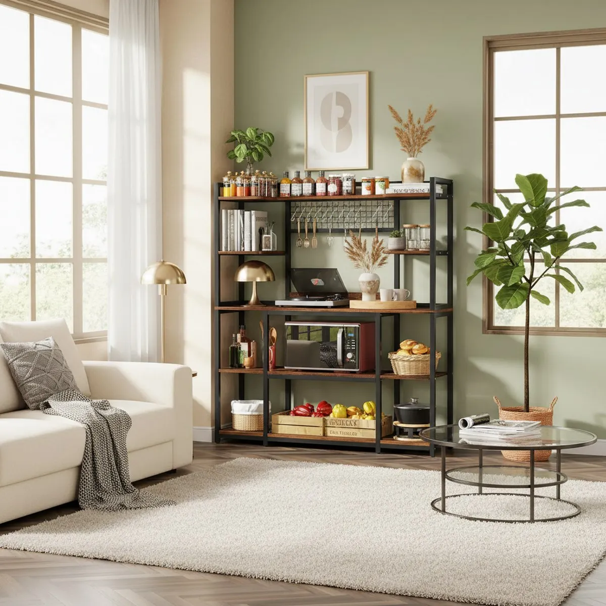 Large Kitchen Baker Rack Rustic Brown 5-Tier Storage Hutch Microwave Stand with Hooks