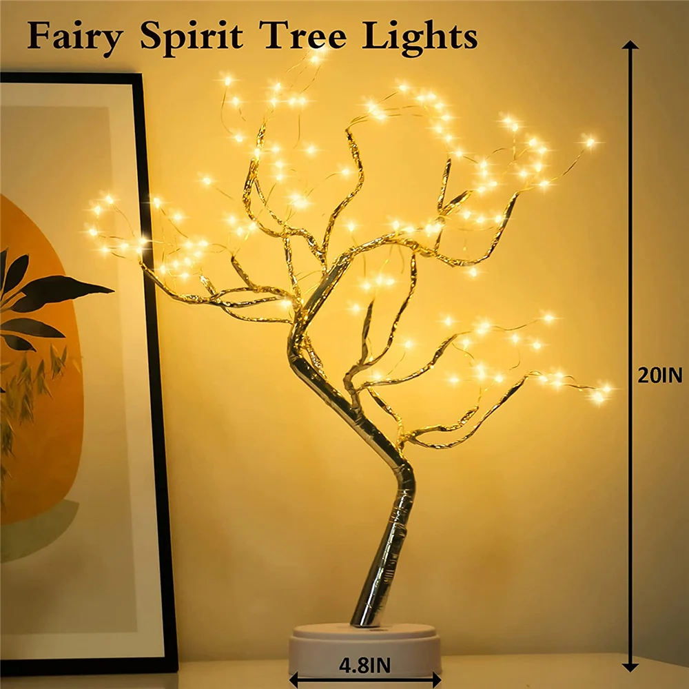 Lampe de table d\'arbre nickel é avec batterie, fil de cuivre USB, 108 LED, feu décoratif, veilleuse de bureau, cadeaux pour la maison et la chambre,