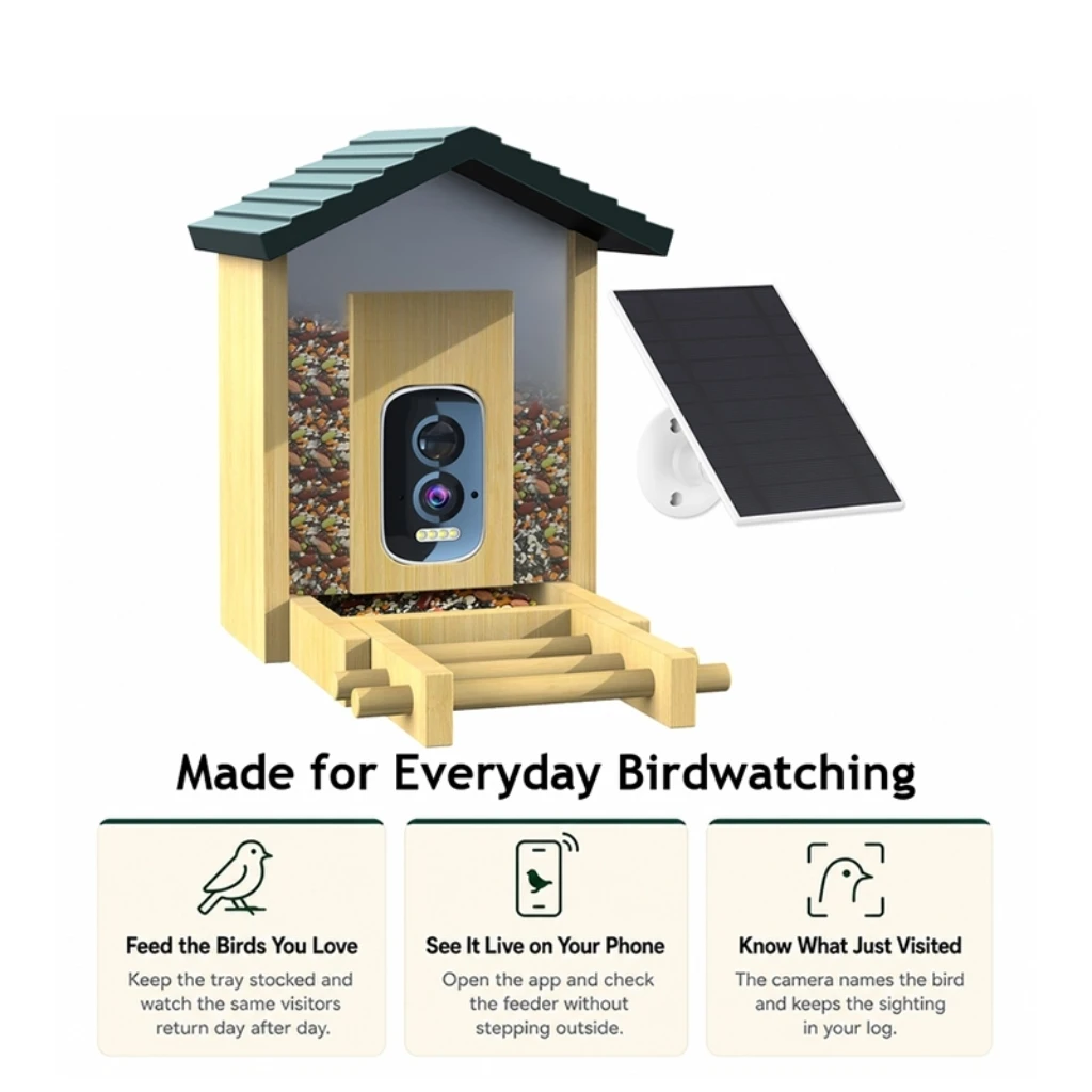 Smart Solar Bird Feeder With Camera AI Bird ID 10000+ Species Full Colour Night Vision App Notification Bamboo Wooden Birdhouse