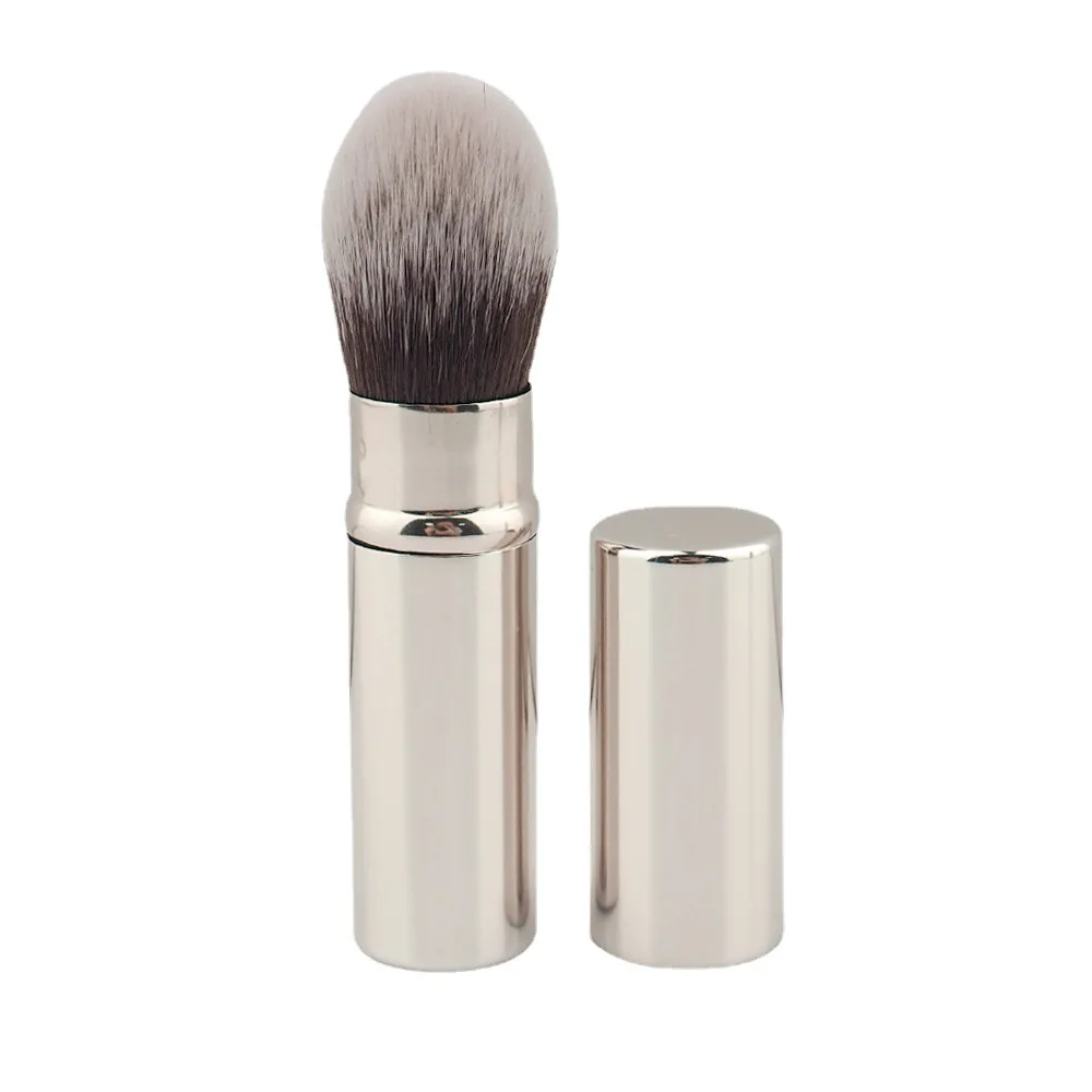 1pcs Small Retractable Cosmetic Brush Mini Portable Face Powder Powder Blusher Highlight Brush Fiber Hair Metal Handle Brush