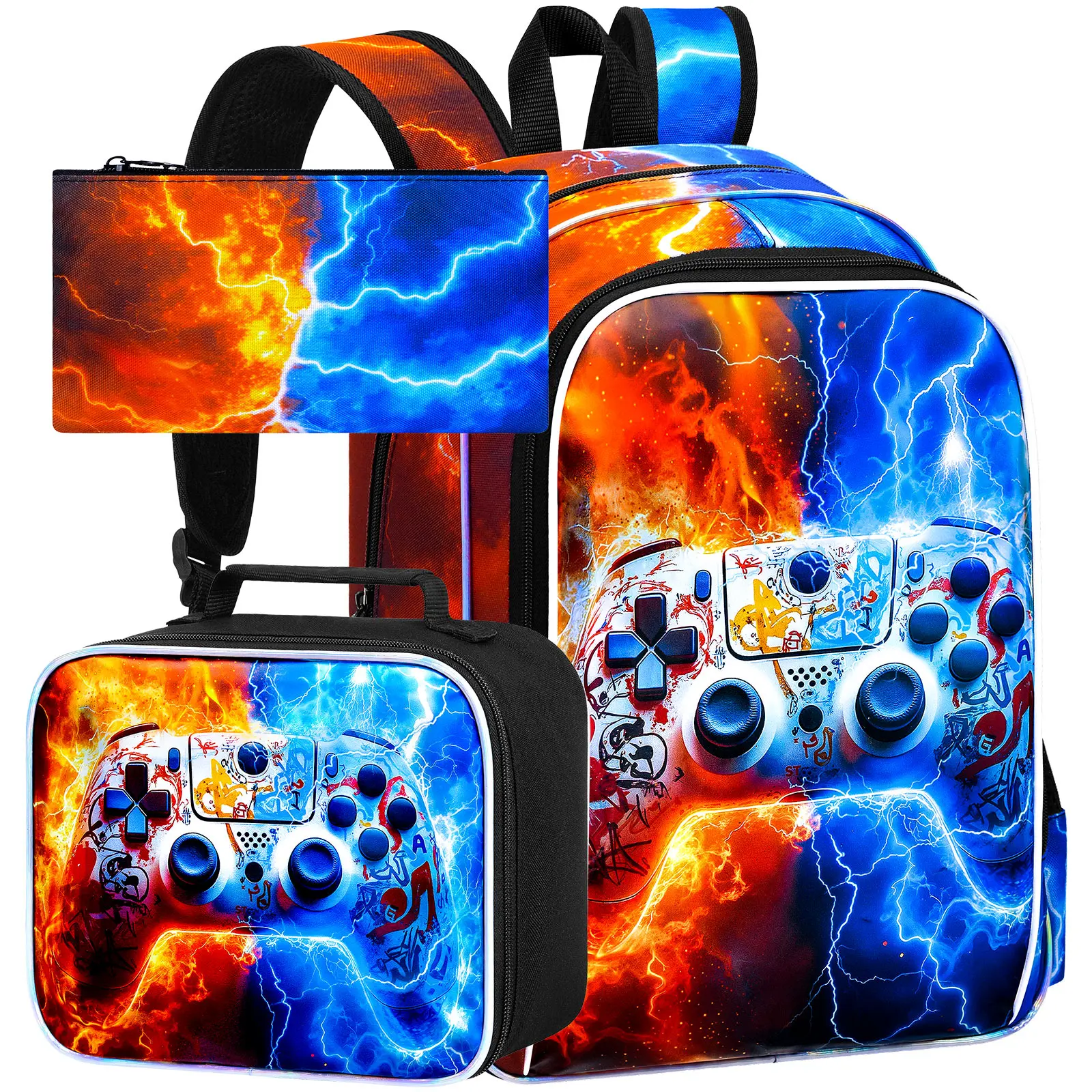 

3PCS Gamer Backpack for Boys, 17 Inch Kids Preschool Bookbags, Cool Kindergarten School Backpacks and Lunch Box