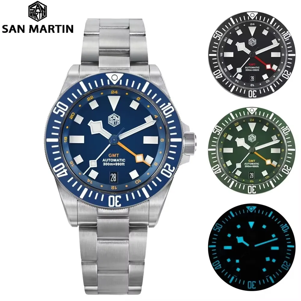 San Martin SN0121 39mm Dive Watch Luxury GMT NH34 Automatic Movement Machinery Watches 316L Sapphire Glass Ceramic Bezel