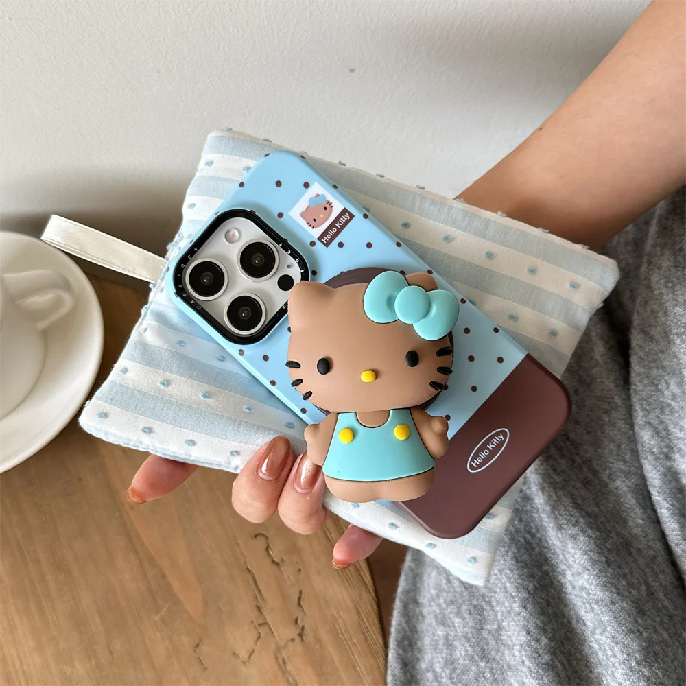 

Korea INS simple polka dot blue phone case 3D Hellokitty For Magsafe stand protective cover for iPhone 13 14 15 16 17 Pro Max 17