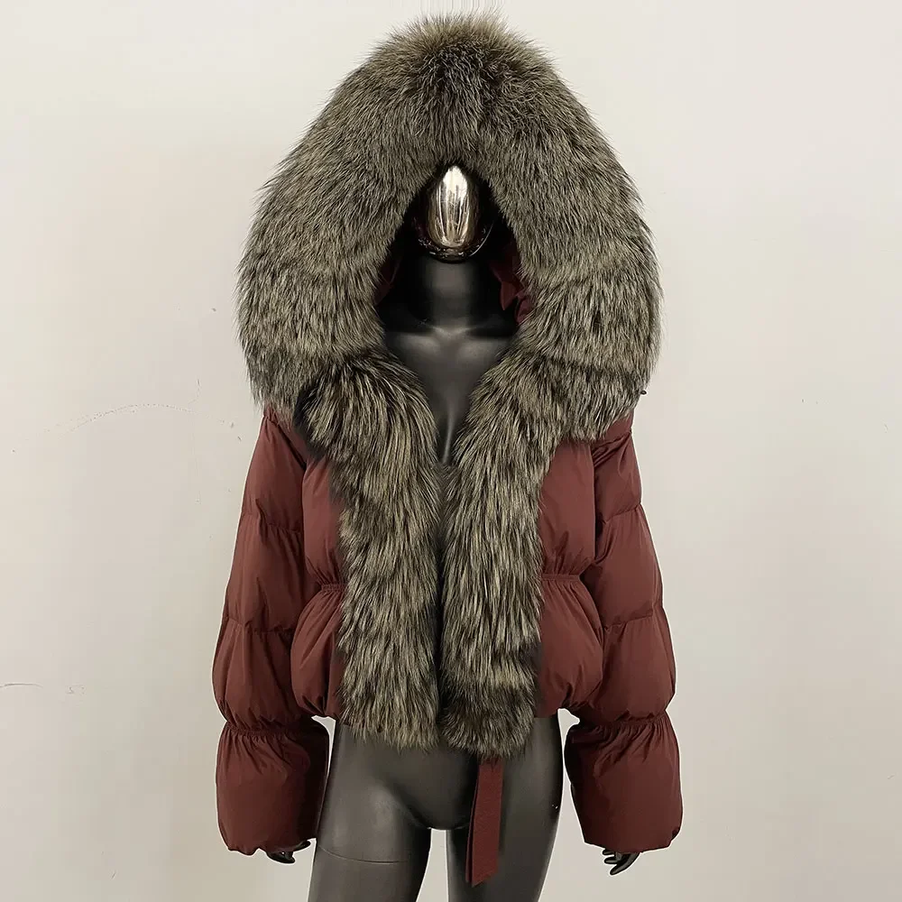 المرأة الدافئة الأبيض بطة أسفل سترة الفراء الحقيقي الشتاء سترة منفوخة الطبيعية سميكة ريال كبير الثعلب الفراء طوق حزام فضفاض سترة أسفل معطف