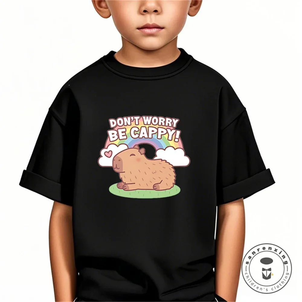 

Cute Capybara Loves Bubble Tea Print Kids T-Shirt Summer Children's Pure Cotton Short-sleeved Casual Tops Boys and Girls Gifts