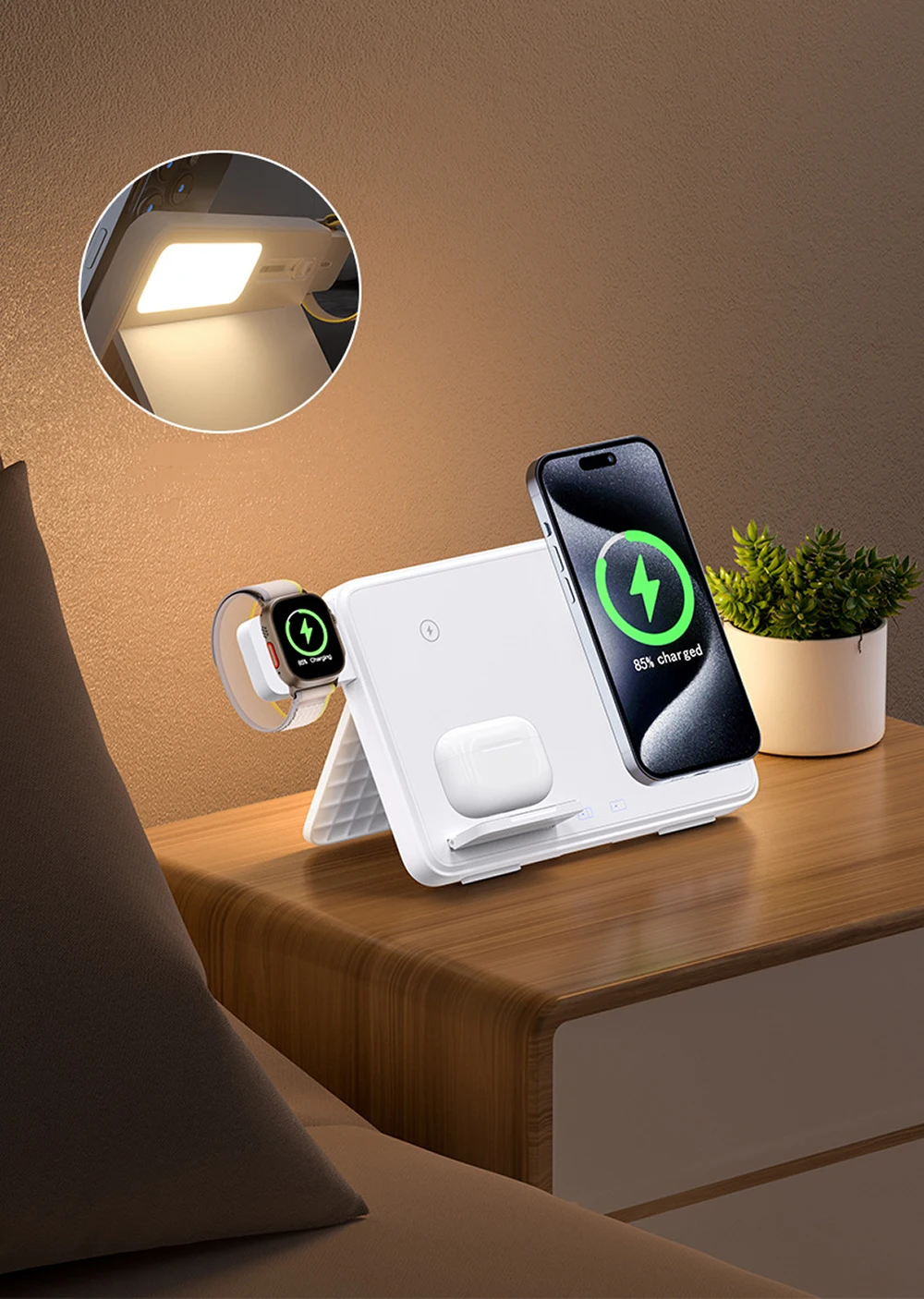 Four in one Wireless Charger Stand LED Night Light Foldable Fast Charging Station Dock For iPhone Samsung Galaxy Apple Watch Air