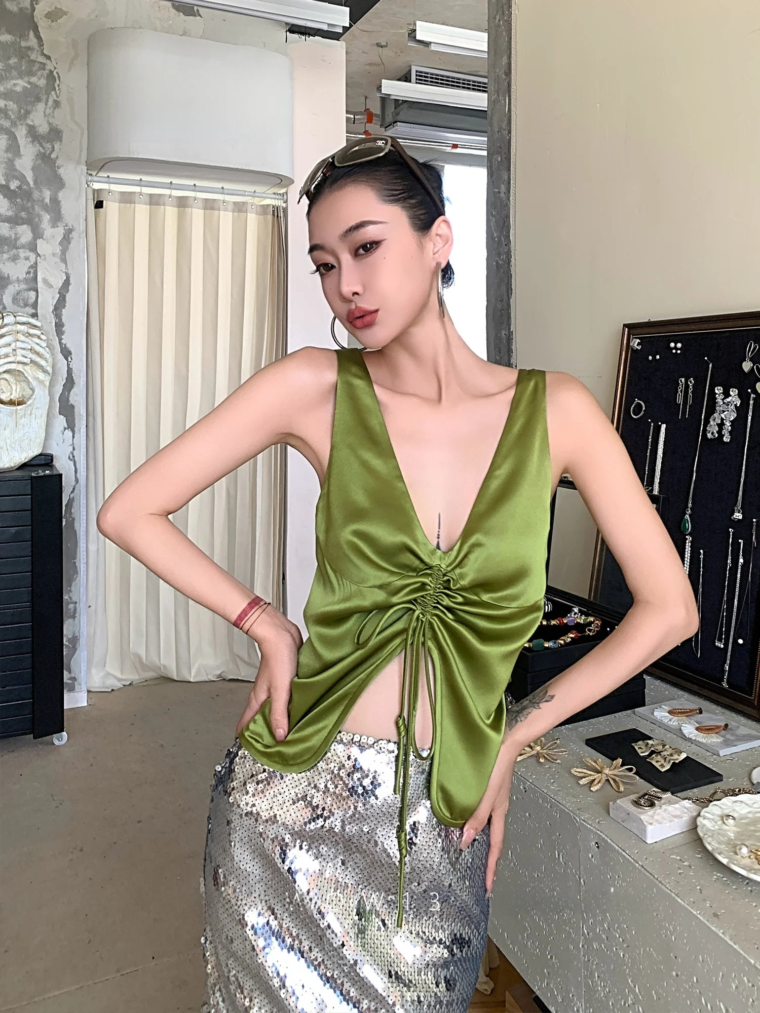 

Slimming Effect Acetate Dstring Design Vest Top Women's Faion Spring Summer New Sle Commute Sle Pure Color Casual Wear