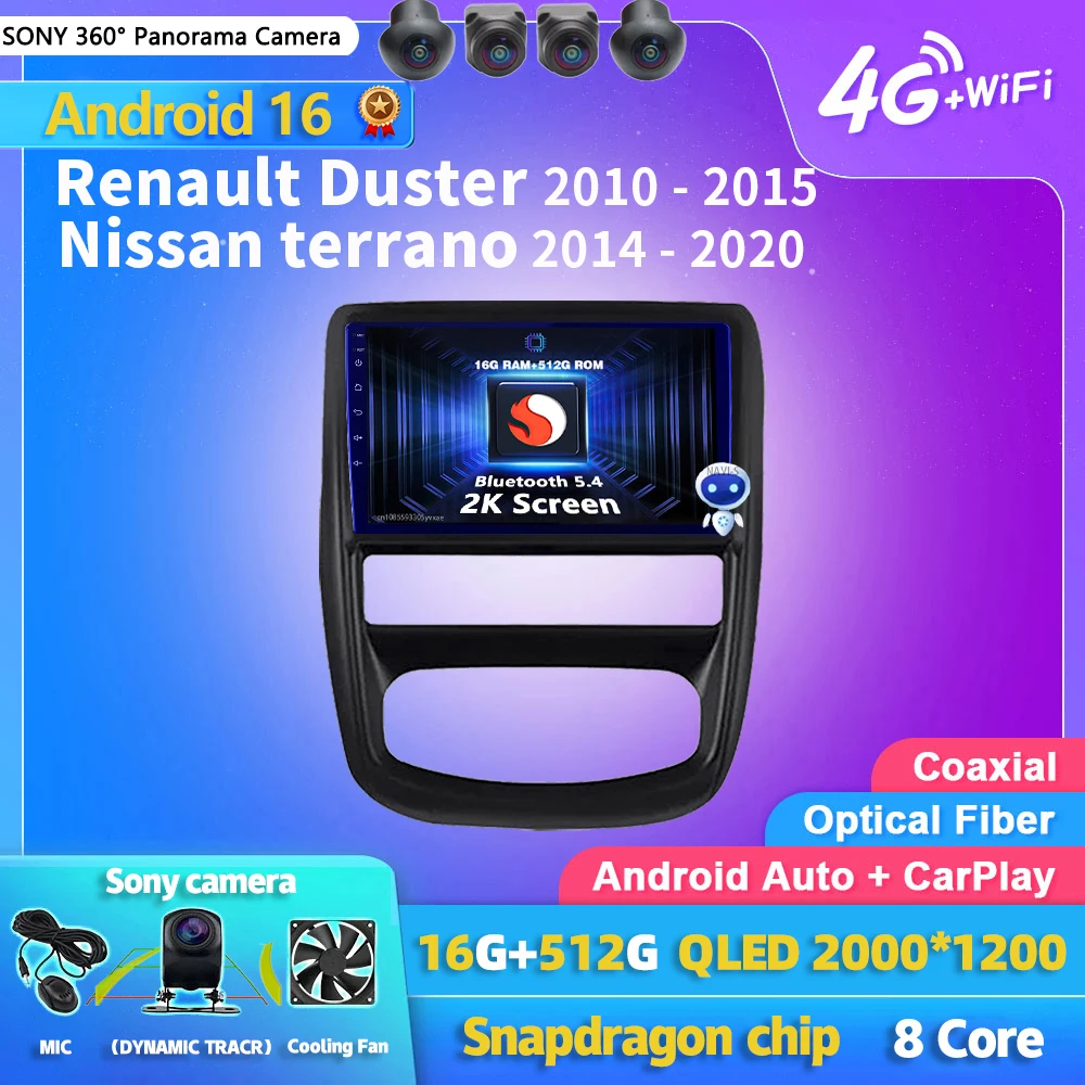 Rádio Automotivo Multimídia Qualcomm Android 16 Carplay Auto com Tela 2K para Renault Duster e Nissan Terrano, com Bluetooth.