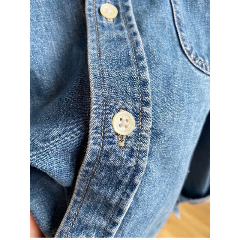 Women Denim Shirt Short Top Washed Single Breasted Turn Down Collar Y2k Pockets Streetwear Work 2025 Autumn Vintage Overshirt