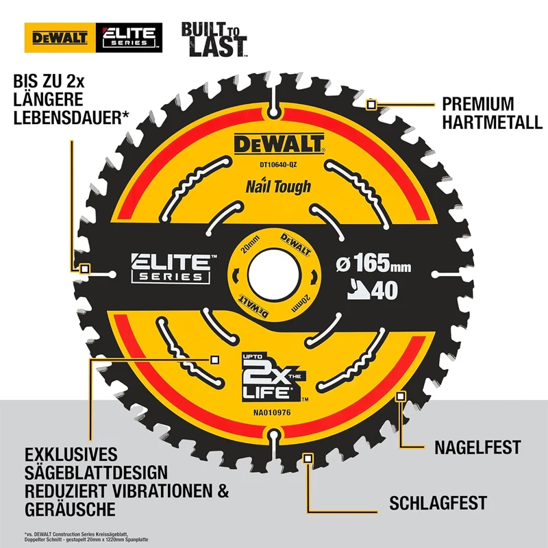 DEWALT DT10640 ELITE Circular Saw Blade, 165mm X 40T TCT Wood Cutting Disc for Cordless Saws