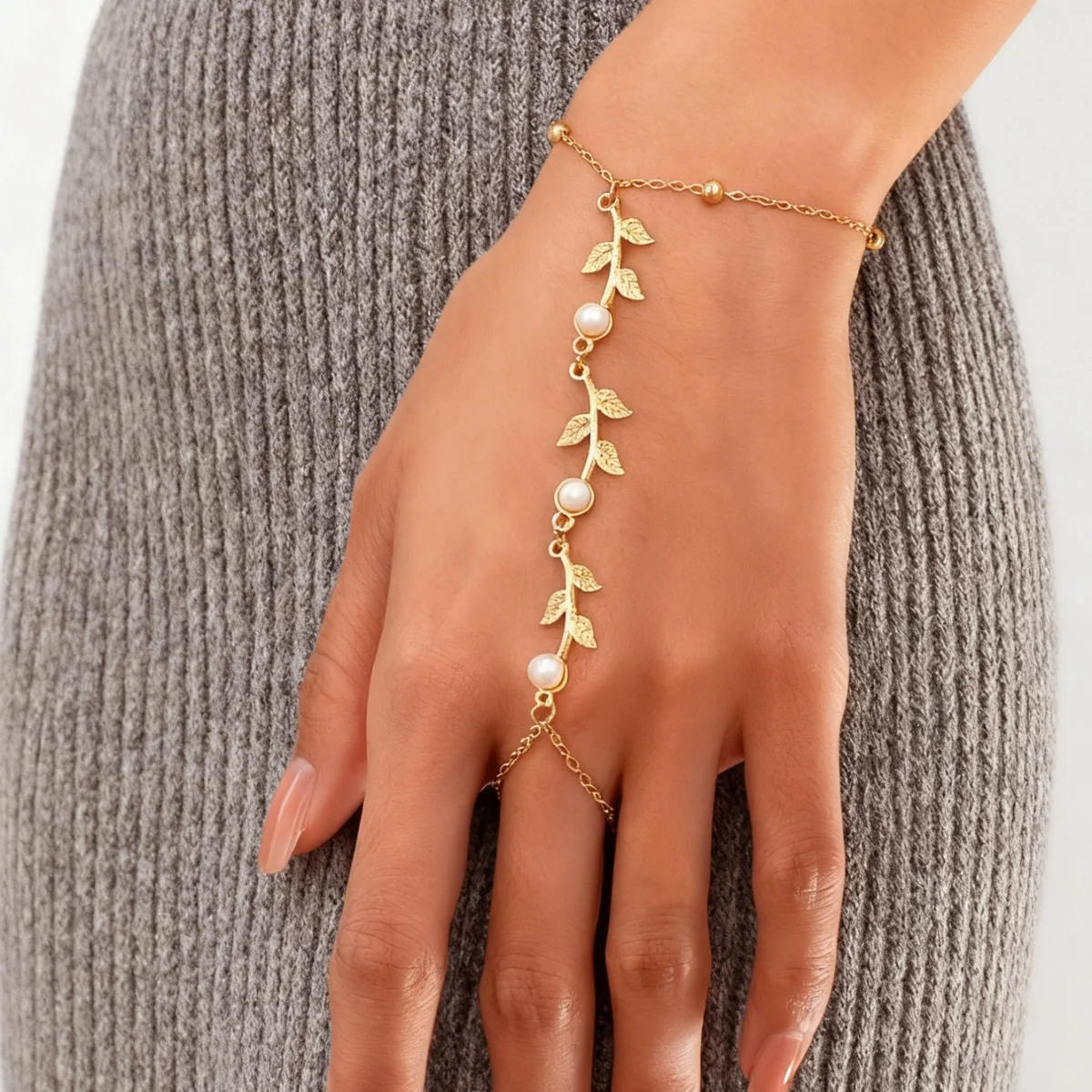 Trendige Metall-Armbänder mit Blätter- und Zweigmotiven für Damen und Herren, grüner Zirkon, imitierte Perlen, Pflanzenring, Armreif, Schmuck – Detail 9