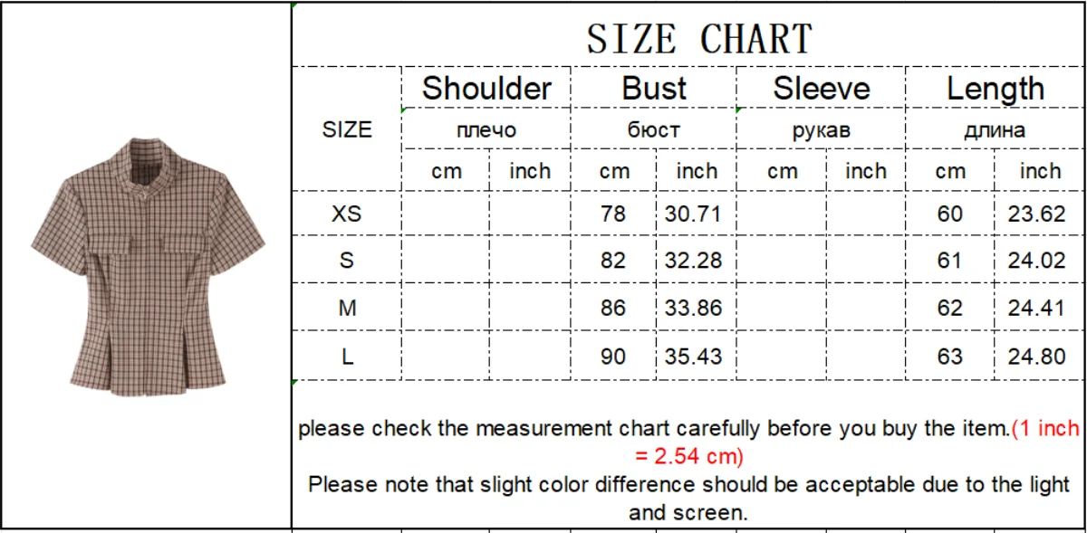 TFMLN Damen Slim Top Vintage Farbblock Karo Stehkragen Kurzarmhemd Taille Kurzarm Alltagsrock Saum Reißverschluss Top – Detail 1