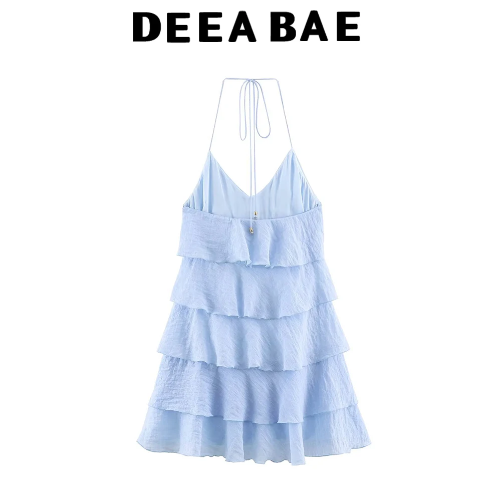 DEEABAE 2026 summer new women's clothing simple and fashionable V-neck backless layered mini suspender dress