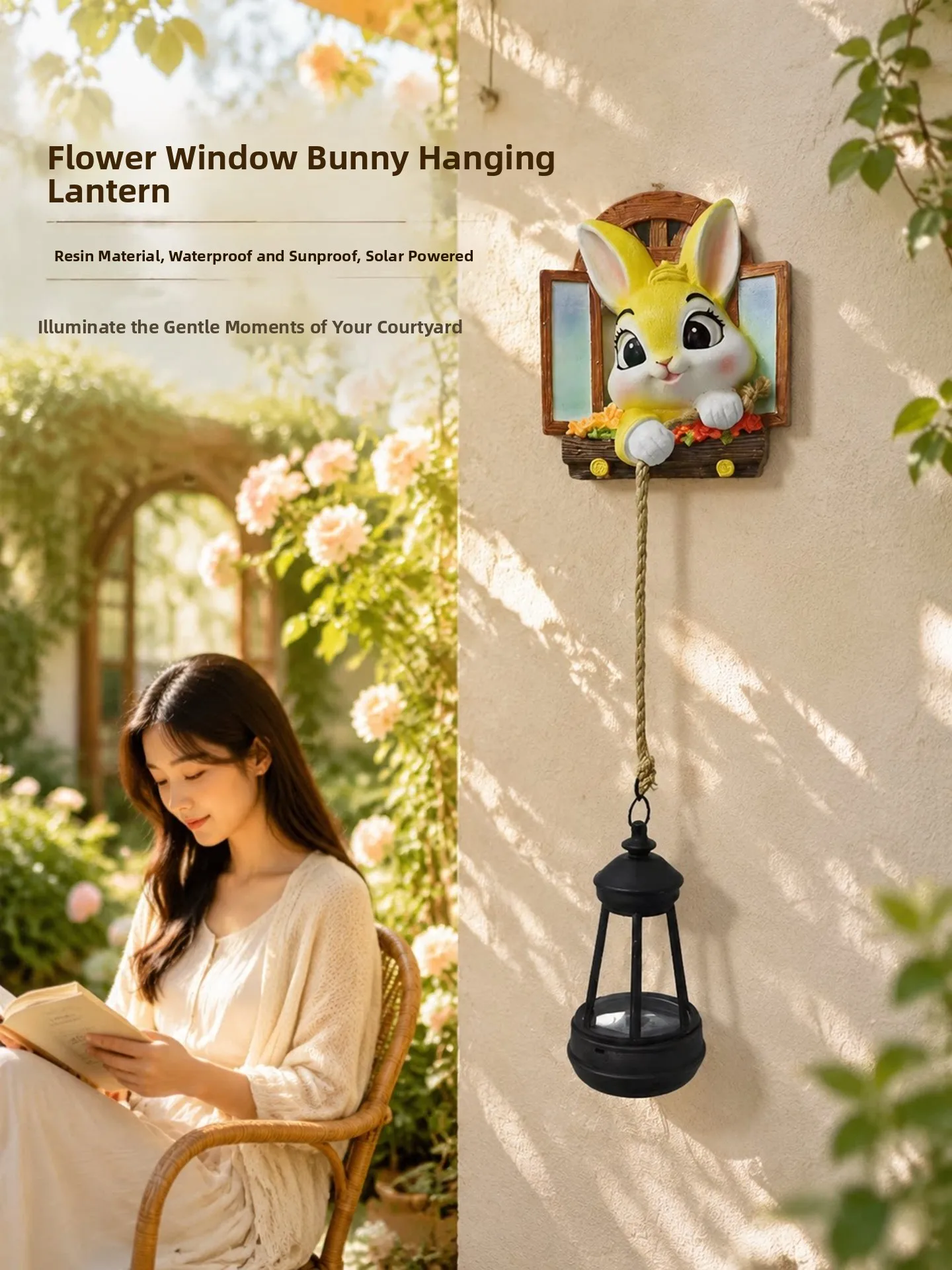 Solar Powered Resin Rabbit Decorative Garden Lantern Cute Animal Themed Outdoor Courtyard Night Light Flower Window Hanging O...