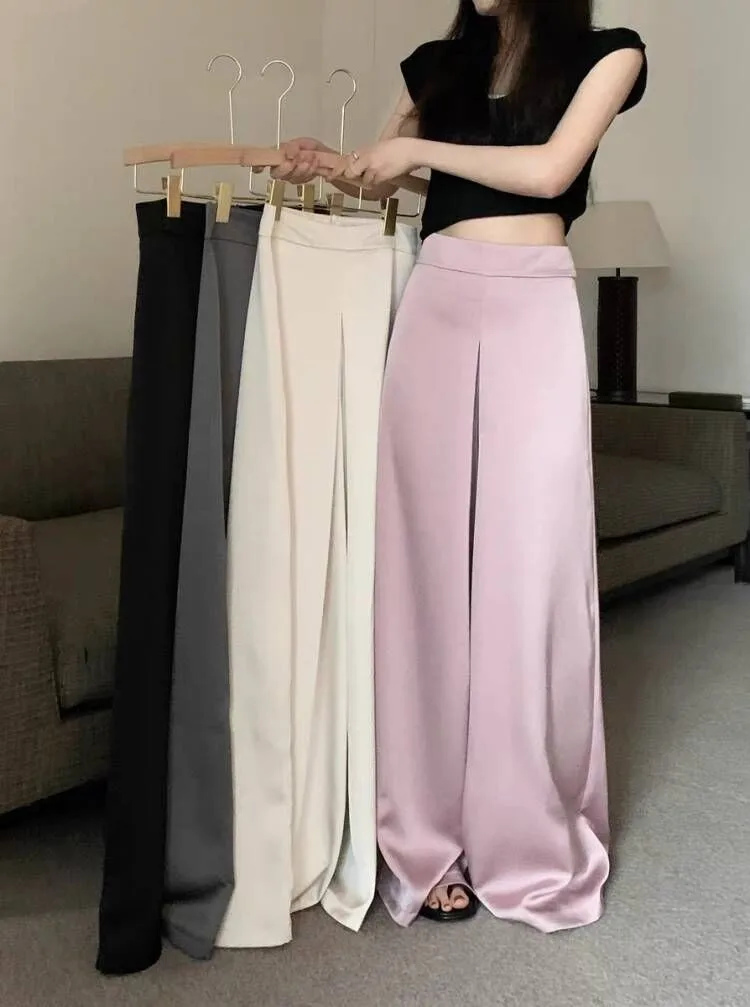 Women's Elegant Acetate Wide Leg Pants Lady Summer Chic High Waist Loose Full Length Satin Pants