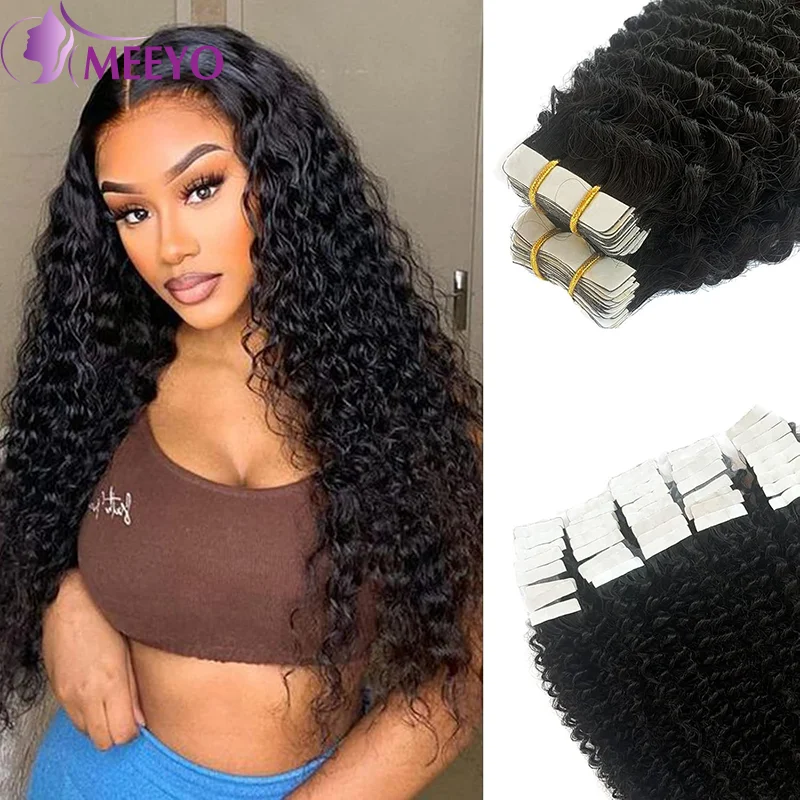 Diepe Golf Tape In Hair Extensions Menselijk Haar Huid Inslag Krullend Tape In Extensions 22 Inch Voor Vrouw Natuurlijke Kleur Onzichtbaar 20Pcs