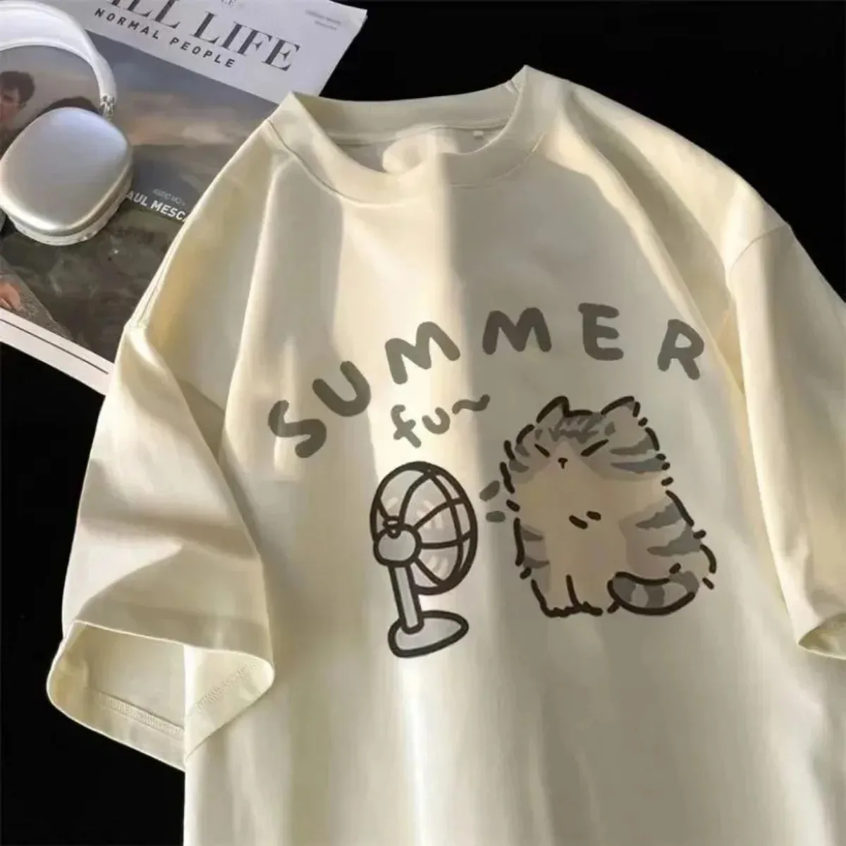 Summer Cat Print Funny Kids Woman Tees T-shirt Cotton boys girls Short Sleeve Korean Kpop Clothes Casual Oversized Free Shipping