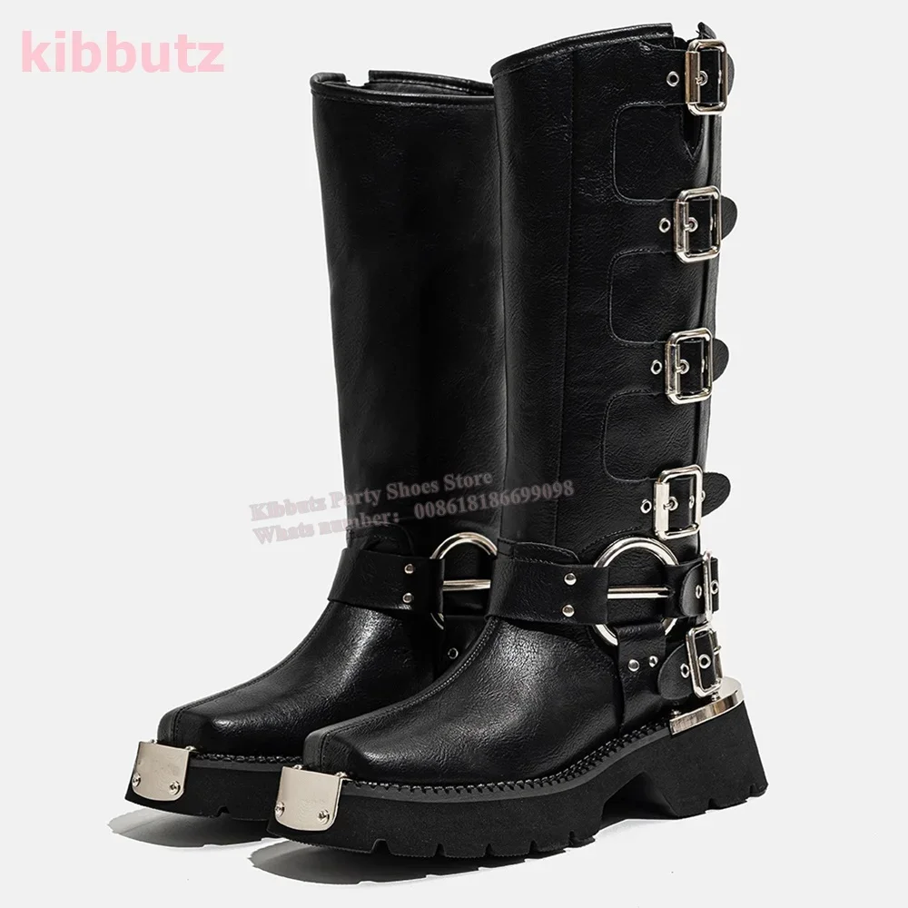 Cowboy Mid Calf Boots Belt Buckle Metal Toe Square Heel Novelty Leather Vintage Slip-On Fashion Concise Novelty Women Shoes New