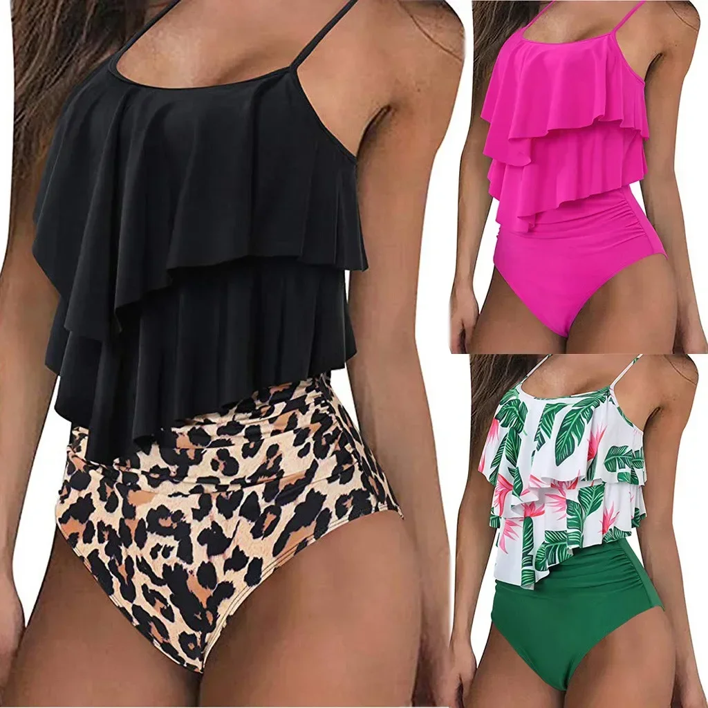 Bañador Sexy de cintura alta con volantes para mujer, traje de baño de 2 piezas con tirantes finos, Tankini de talla grande, 2024