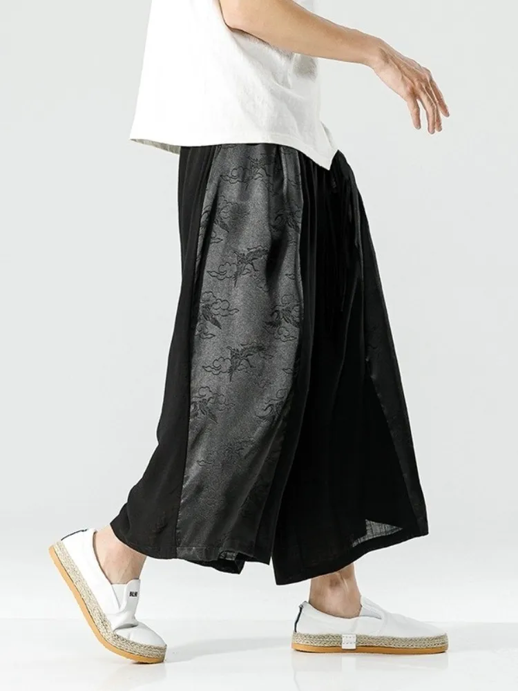 

Мужские летние тонкие хлопково-льняные брюки с широкими штанинами, свободные прямые повседневные брюки в винтажном стиле, сшитые из разных тканей, длиной 7/8, дышащие