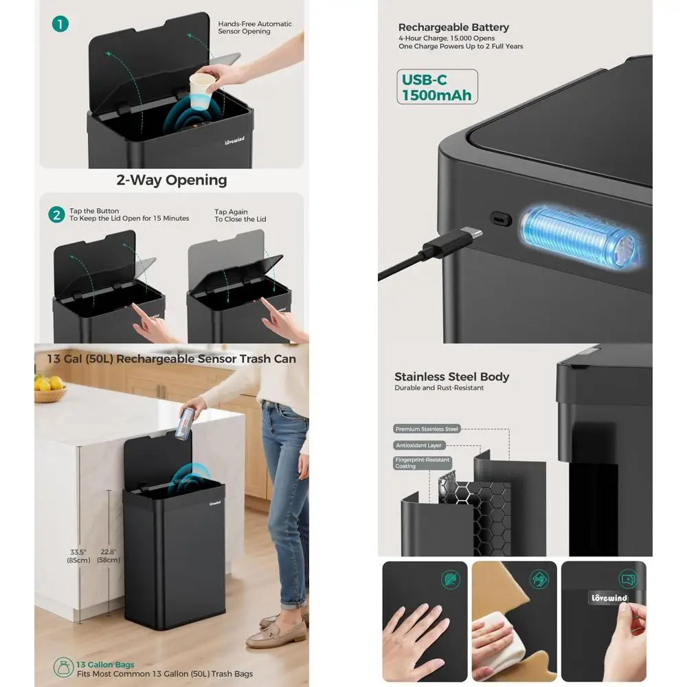 

13 Gallon Stainless Steel Motion Sensor Trash Can, Rechargeable Type-C, Silent Close for Kitchen Use