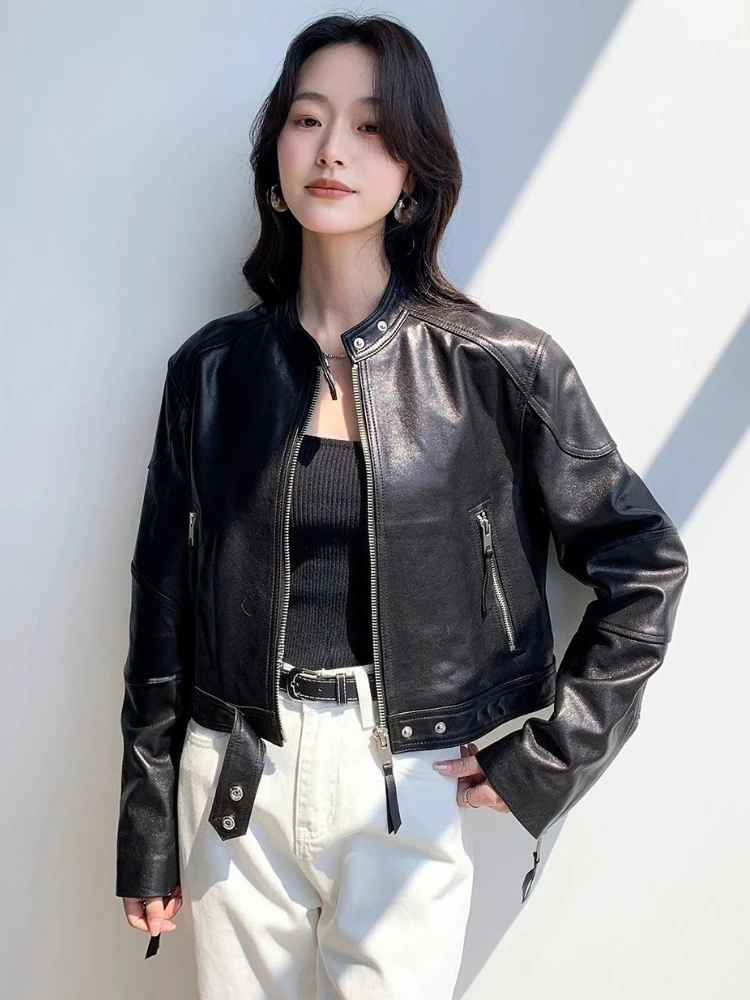Vintage Cropped Genuine Leather Motorcycle Jacket Women Spring Autumn High-end Simple Stand Collar Slim Soft Real Sheepskin Coat