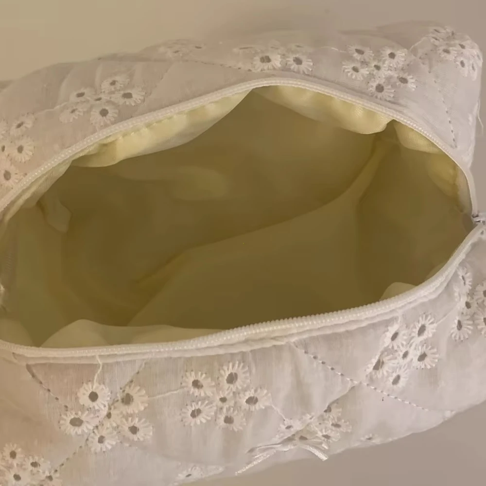 Elegant White Lace Makeup Bag, Quilted Bridal Cosmetic Pouch with Floral Embroidery Bow, Women's Travel Toiletry Gift Cosmetic view 3