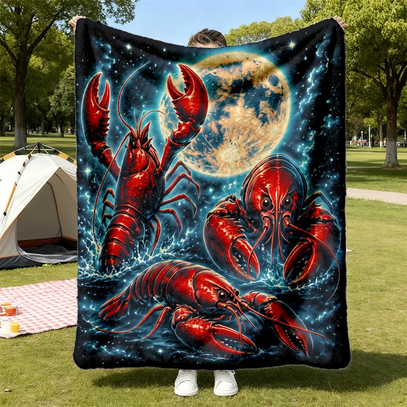 Three Lobster Moon Vintage 90s Graphic Flannel Throw, Retro Lobster Silly Gift, Red Lobster Full Moon Cozy Blanket, Aest
