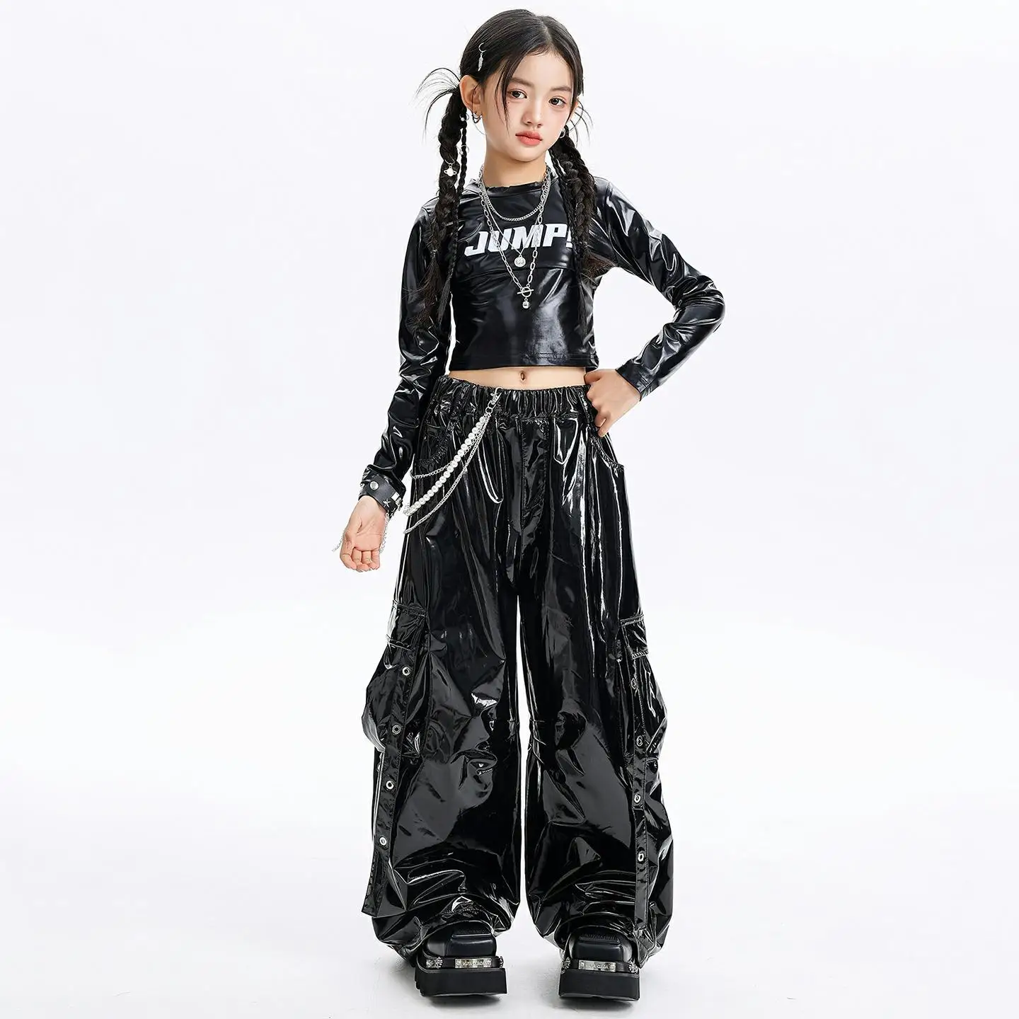 Vêtements Hip Hop Kpop pour enfants, t-shirt court métallique noir à manches longues, en Faux cuir, sangle décontractée, pantalon Cargo pour Costumes de danse pour filles