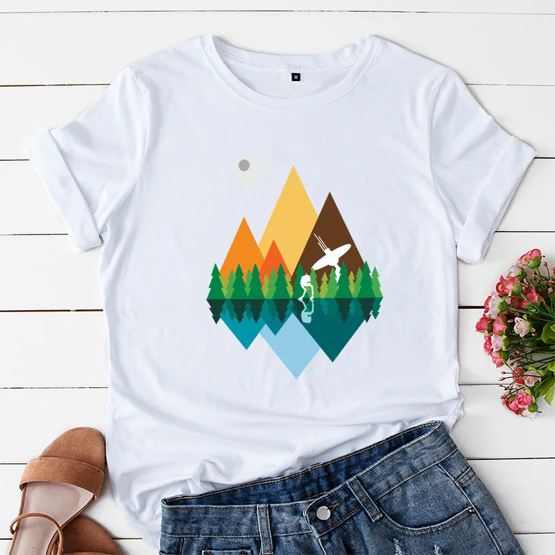 JFUNCY 100% Cotton Summer Tshirt Mountain Printed Women T-Shirt Short Sleeve Woman Tee Tops Female Loose T Shirt