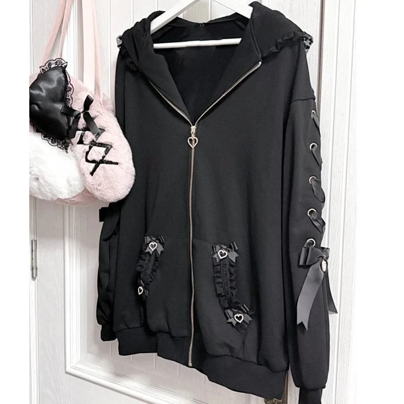 

Японская субкультура: Худи с длинным рукавом для женщин, черное, с кружевом, ушками кролика, бантом, на шнуровке, повседневное, в стиле кавайи, сладкий, темный стиль