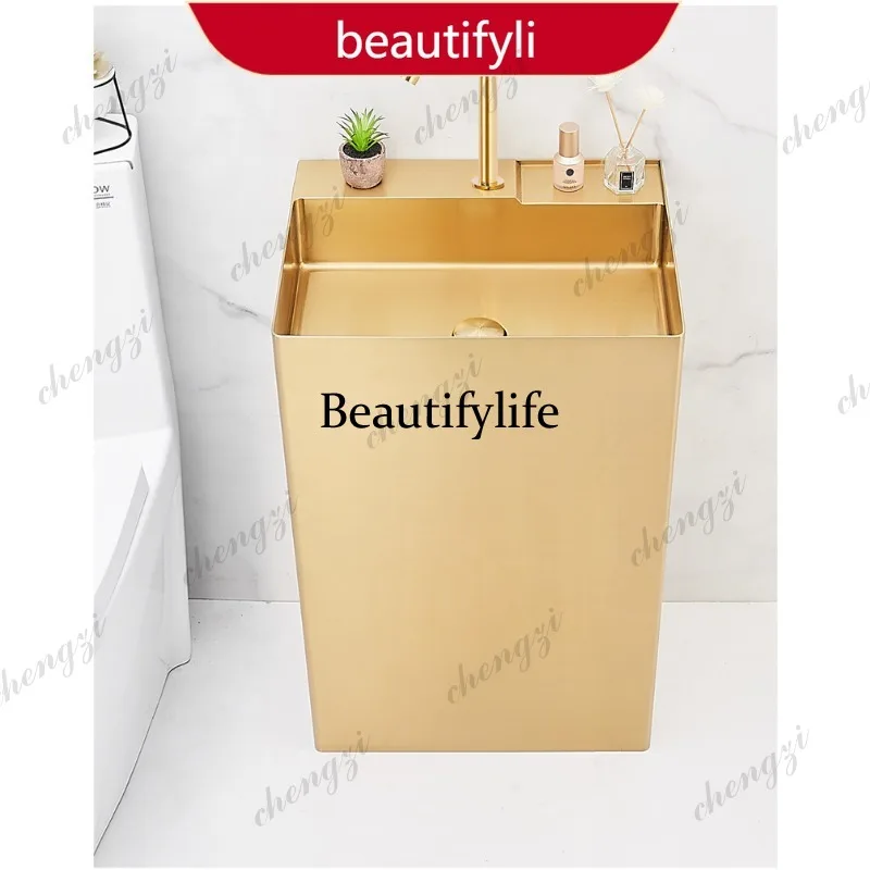 Gold integrated column basin, stainless steel floor wash basin, face basin  A17