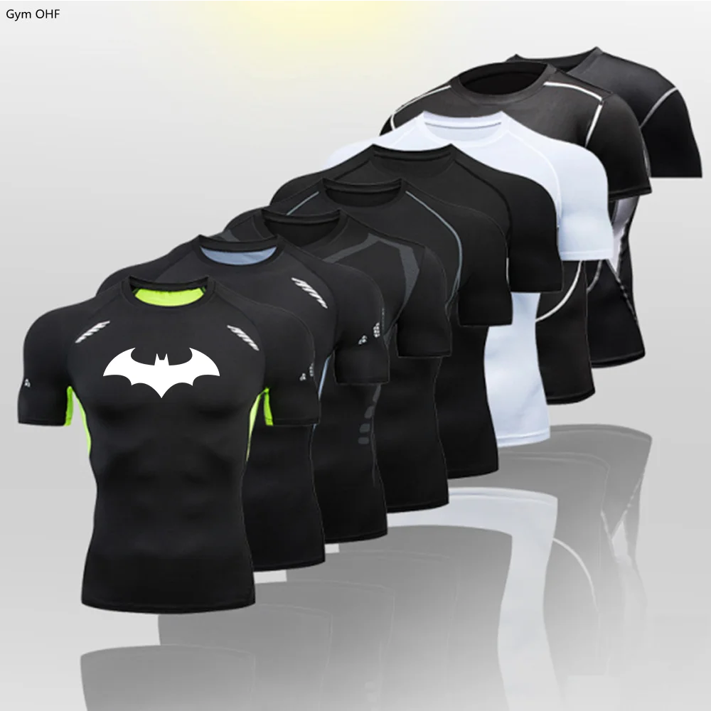 

Men T-Shirt Quick-Dry Sportswear Running Men Rashguard Jersey Gym Fitness Jogging Sport Shirt Bat Print Compression T Shirt Men